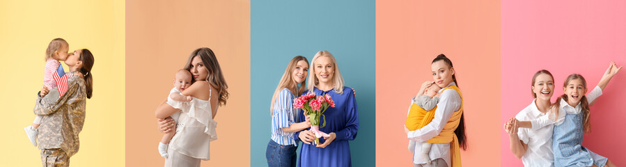 Wall Mural - Collage with mothers and their daughters on colorful background