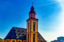 Old Church With Clock Tower In Downtown In Frankfurt Am Main, Germany.