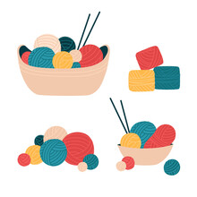 A Set Of Yarn In A Basket, A Pile Of Wool For Crochet, Knitting. Skein, Ball, Bobbin. Isolated Flat Vector Illustration