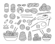 Set Of Knitting Tools In Sketch Doodle Style. Various Skeins Of Yarn, Needles And Hooks, Icon Of Accessories. Collection Of Handicraft Hobby Objects. Isolated Hand Drawn Vector Illustration