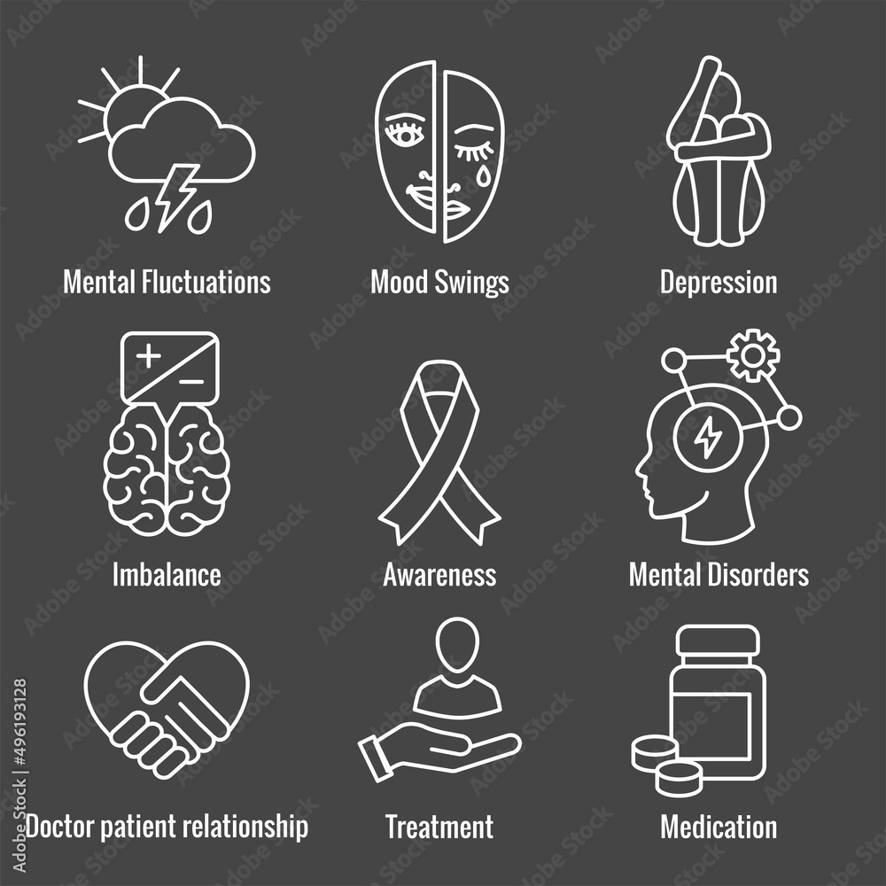 BPD - Borderline Personality Disorder icon set w brain mask and more ...