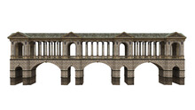 3D Rendering Of A Long Covered Stone Bridge With Roof And Columns Isolated On White Background.