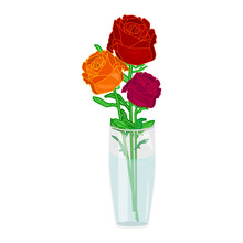 Glass Vase With Roses Isolated On White Background.Red Roses Bouquet In Glass Bowl With Water.Posy Of Flowers.Flower Composition.Interior Element.8 March, Mother Or Valentines Day. Garden Bloom.Vector