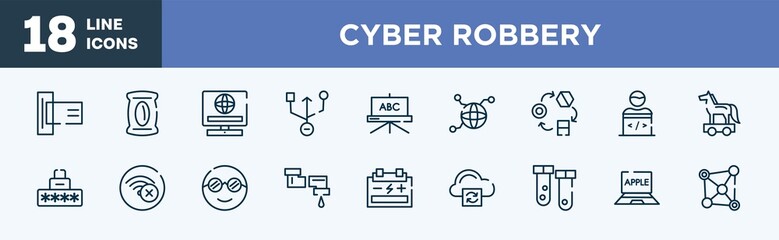 set of cyber robbery icons in outline style. cyber robbery thin line icons collection. card reader, pack, online service, universal serial usb connector, blackboard, connected vector.