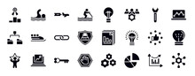 Project Management Filled Icons Collection. Editable Vector Glyph Icons Set. Key Tool, Graph Notebook, Diagram Folder, Bobsleigh, Link, Ssl Illustration.