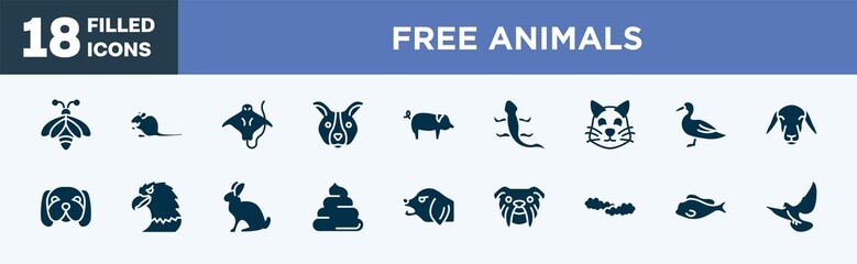 Wall Mural - set of free animals icons in filled style. free animals editable glyph icons collection. big bee, sitting mouse, stingray with long tail, dog face, pig with round tail vector.