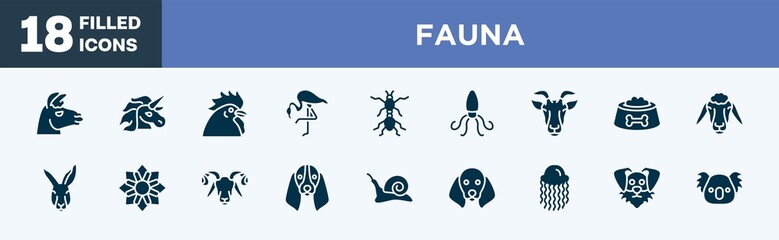 Wall Mural - set of fauna icons in filled style. fauna editable glyph icons collection. lama head, unicorn, chiken head, flamingo with leg up, red ant vector.