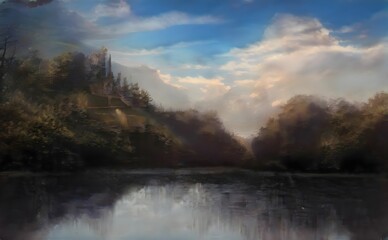 Poster - a landscape painting of a lake in the woods