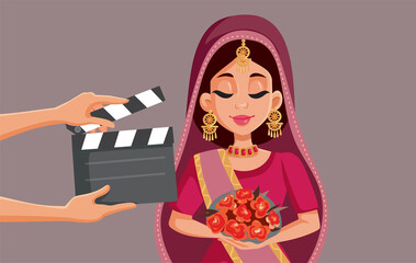 Indian Actress Filming Bollywood Production Vector Cartoon Illustration