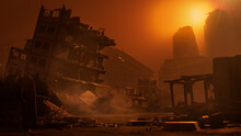 Atmospheric Disaster Concept With Ruins And Damaged Buildings.