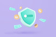 3D shield protection and banknote, money coin with secure for online payment on purple background concept, icon user account for 3d security with payment protection on isolate vector render background