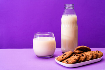 Glass bottle and large glass with milk and some sweet chocolate chip cookies in a purple or violet environment. Copy space. Horizontal orientation