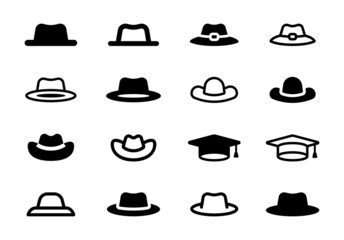Poster - Hat icon collection. Cowboy hat icon. Graduation cap symbol. Fashion concept in black and white design.