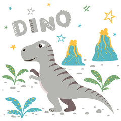  Vector illustration with gray dinosaur, stars, text, volcanoes and plants. Children's card in flat style.
