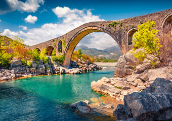 Wall Mural - captivating summer view of old mes bridge. impressive morning landscape of shkoder. colorful outdoor