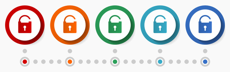 Aufkleber - Padlock, security concept vector icon set, flat design colorful buttons, infographic template in 5 color options