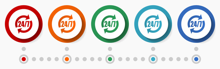 Poster - 24 for 7 service concept vector icon set, flat design colorful buttons, infographic template in 5 color options