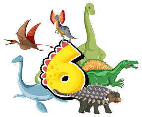 Wall Mural - Six dinosaurs with number six cartoon