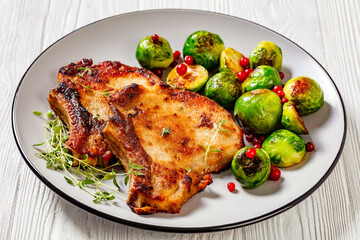 Canvas Print - bone in loin chops with brussel sprouts