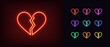 Outline neon broken heart icon. Glowing neon heart with crack, heartbreak pictogram. Lost love and passion