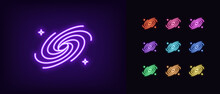 Outline Neon Universe Icon. Glowing Neon Galaxy With Stars, Space Universe Pictogram. Black Hole