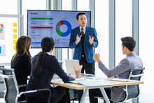 Asian Professional Successful Businessman In Formal Suit Standing Showing Presenting Explaining Report Investment Graph Chart Data From Computer Monitor In Meeting Room To Businesswoman Colleagues