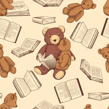 .Old Teddy Bears And Books. Vintage Vector Seamless Pattern. Retro Illustration..