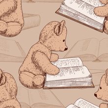 Old Teddy Bear And Books. Vintage Vector Seamless Pattern. Retro Illustration.
