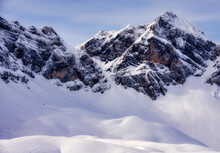 Mountain Peaks In The Snow, Melchsee Frutt, Kerns, Obwalden, Switzerland