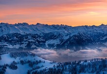 View Of Snowcapped Mountains At Sunset From Mt Rigi, Switzerland