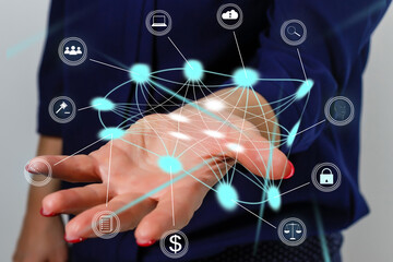 Poster - Hand touching modern interface digital transformation and metaverse concept. Connection next generation technology and new era of innovation