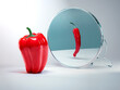 © RooM The Agency - Large Red bell pepper in front of a mirror with a reflection of a thin red hot chilli pepper