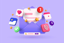 Open Email Envelope Icon With Document. Newsletter 3d Concept. Vector 3d Illustration