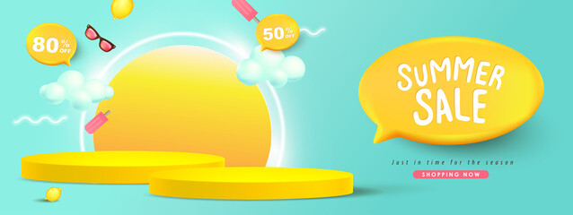 Wall Mural - summer sale banner with product display cylindrical shape