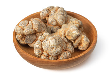 Poster - Dried notoginseng roots in the wooden bowl, isolated on the white background.