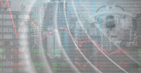 Poster - Composite image of financial data processing against tall buildings in background
