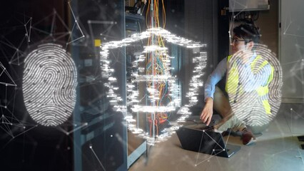 Poster - Security padlock and biometric fingerprint icon against asian it technician working in server room