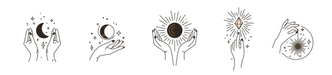 woman hand logos with star, moon, sun and crystal in simple line flat boho style isolated on white b