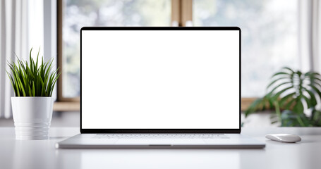 Wall Mural - laptop with blank screen on table in bright livingroom - home office background - 3d render