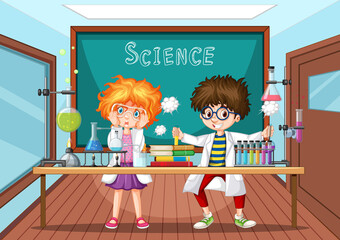 Wall Mural - classroom scene with scientist doing experiment