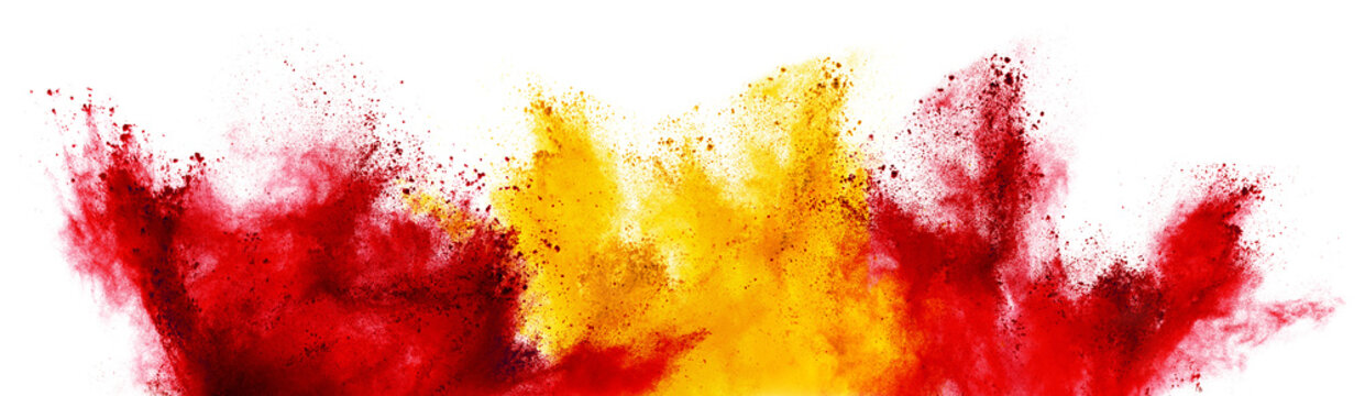 colorful spanish flag black red yellow color holi paint powder explosion isolated white background. 
