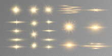 Shining Golden Stars Isolated On Black Background. Effects, Glare, Lines, Glitter, Explosion, Golden Light. Vector Illustration