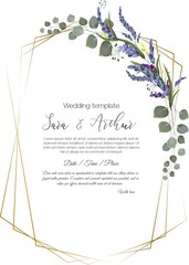 Wall Mural - Vector floral frame for wedding invitation. Delicate lavender, eucalyptus, golden frames