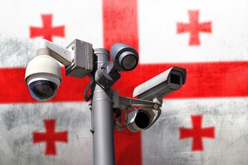 Closed circuit camera Multi-angle CCTV system against the background of the national flag of Georgia.