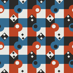 Poster - Red-blue rhombuses and circles with black-and-white inserts. Vector with seamless repeating shapes.