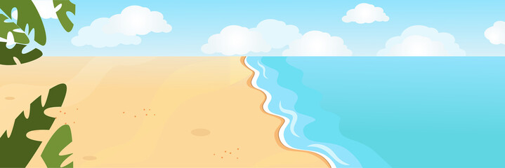 Horizontal banner sea sandy shore with clouds and waves in cartoon flat style. Blue sky and water and clean yellow sand. The mood of freedom and serenity.