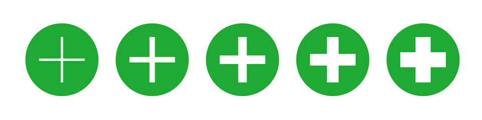 Wall Mural - Plus sign set thin to bold in green circles. Medicine vector eps icons. Medical symbol collection on white background. Various pharmacy isolated crosses