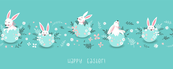 Lovely hand drawn Easter seamless border with cute bunnies sitting in an Easter Egg, great for banners, invitations, cards - vector design