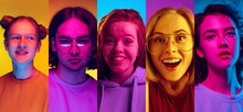 Set Of Closeup Portraits Of Young Emotive People On Multicolored Background In Neon