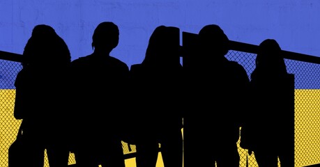 Poster - Silhouette of group of people and barbed wire fence against ukraine background